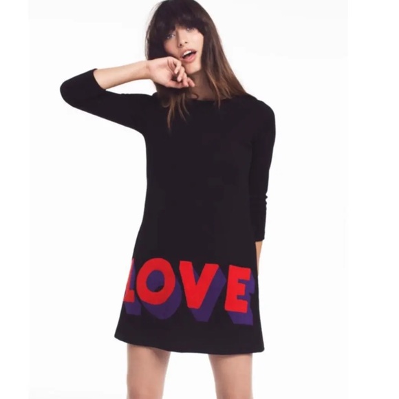 RARE Vintage Lisa Perry Black Long Sleeve Love Wool Mini Shift Dress - Picture 4 of 9